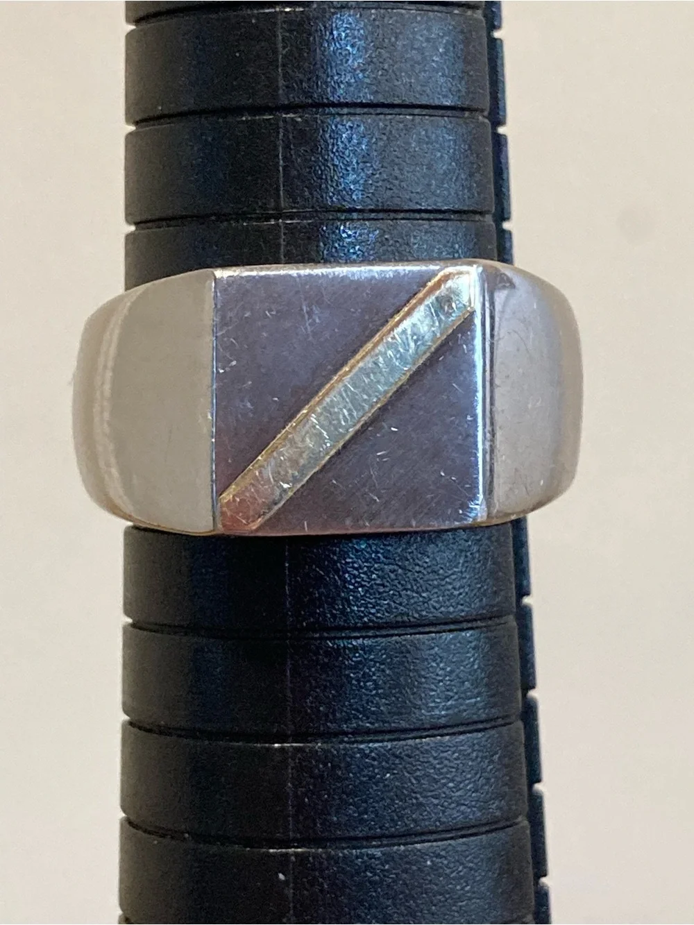 Mens Steel & 14K Gold Diagonal Stripe Signet Style Ring Size 10.25 China